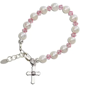 Sterling Silver Freshwater Pearl Pink Cross Bracelet for Little Girls