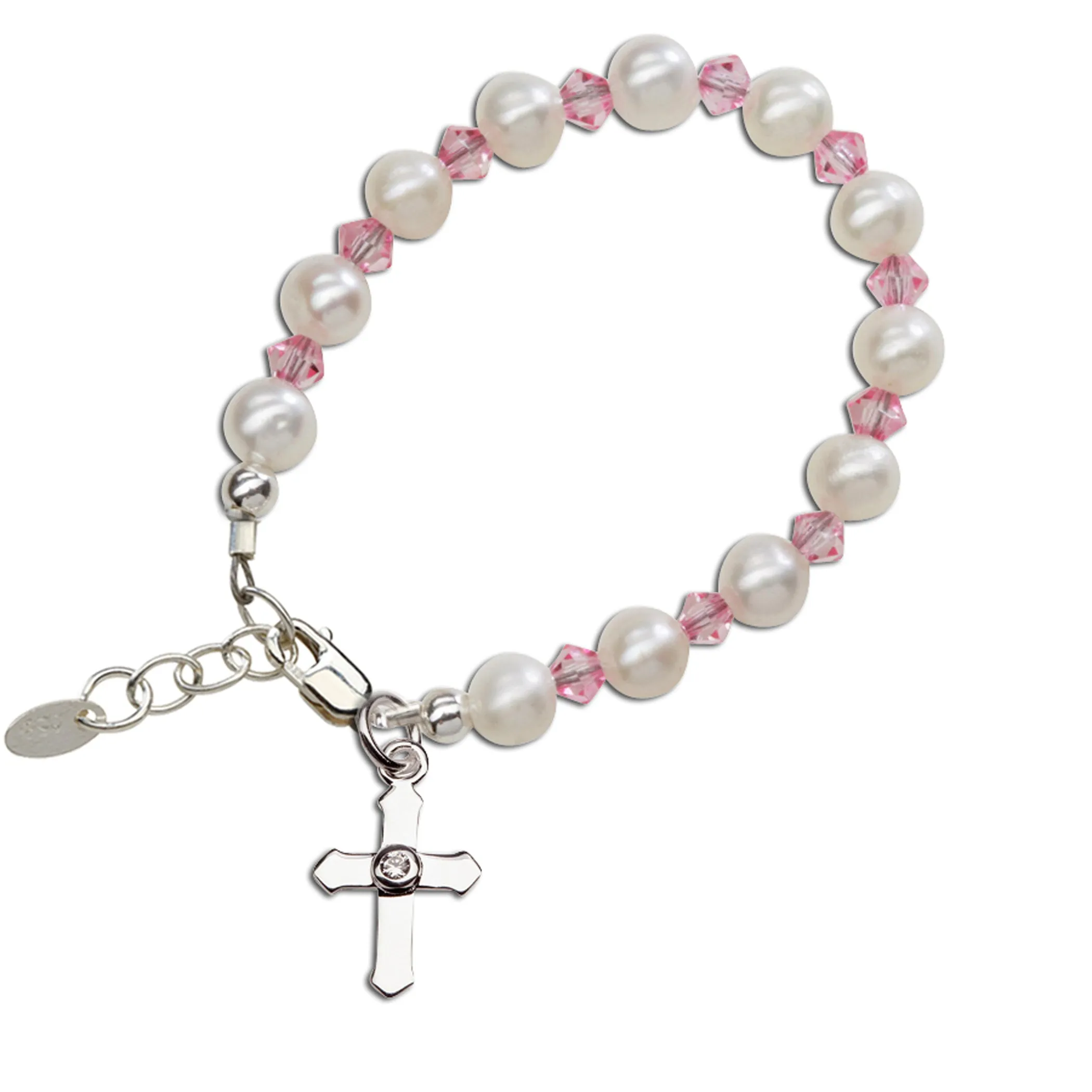 Sterling Silver Freshwater Pearl Pink Cross Bracelet for Little Girls