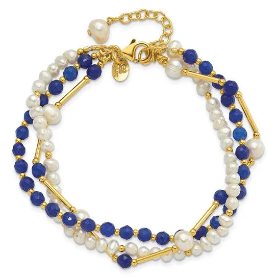 Sterling Silver Gold-plated Freshwater Pearl and Blue Quartz Bracelet