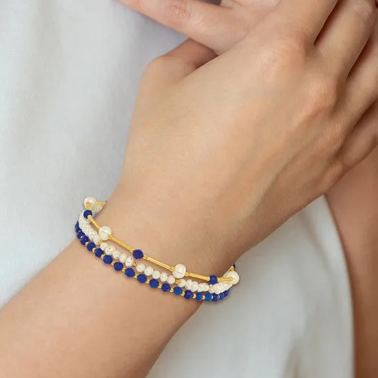 Sterling Silver Gold-plated Freshwater Pearl and Blue Quartz Bracelet