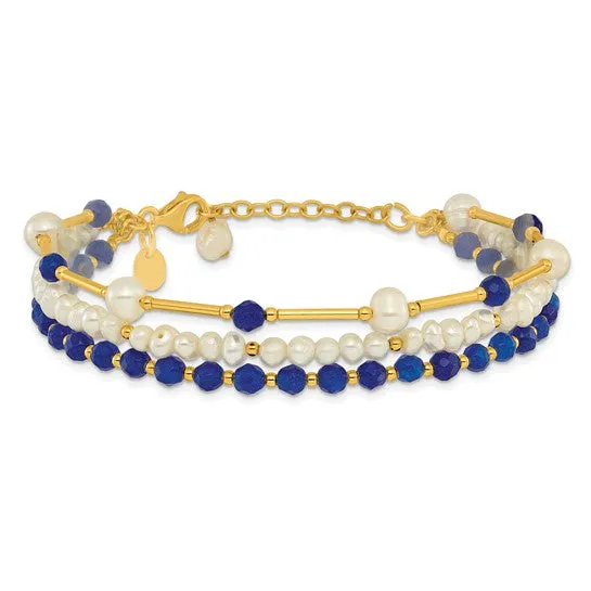 Sterling Silver Gold-plated Freshwater Pearl and Blue Quartz Bracelet