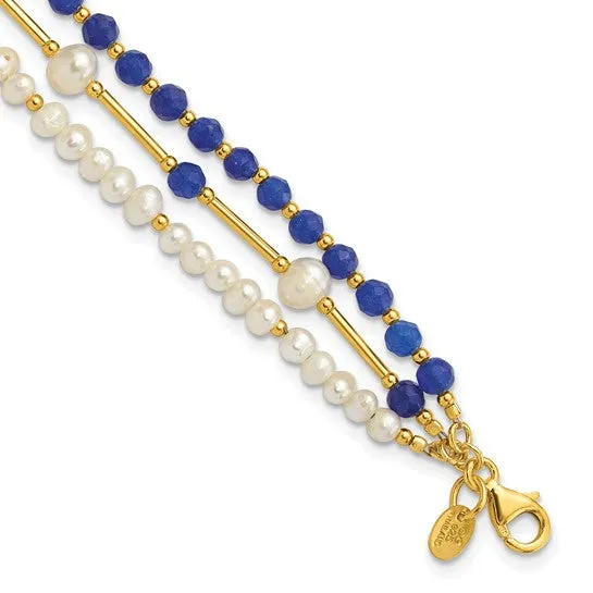 Sterling Silver Gold-plated Freshwater Pearl and Blue Quartz Bracelet