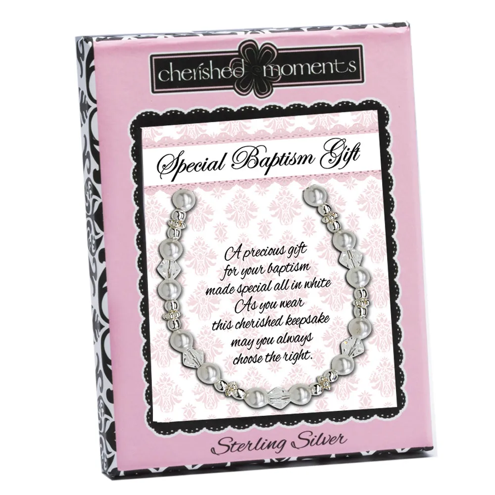 Sterling Silver LDS Baptism Bracelet with Pearl and Crystals (6-12 years)