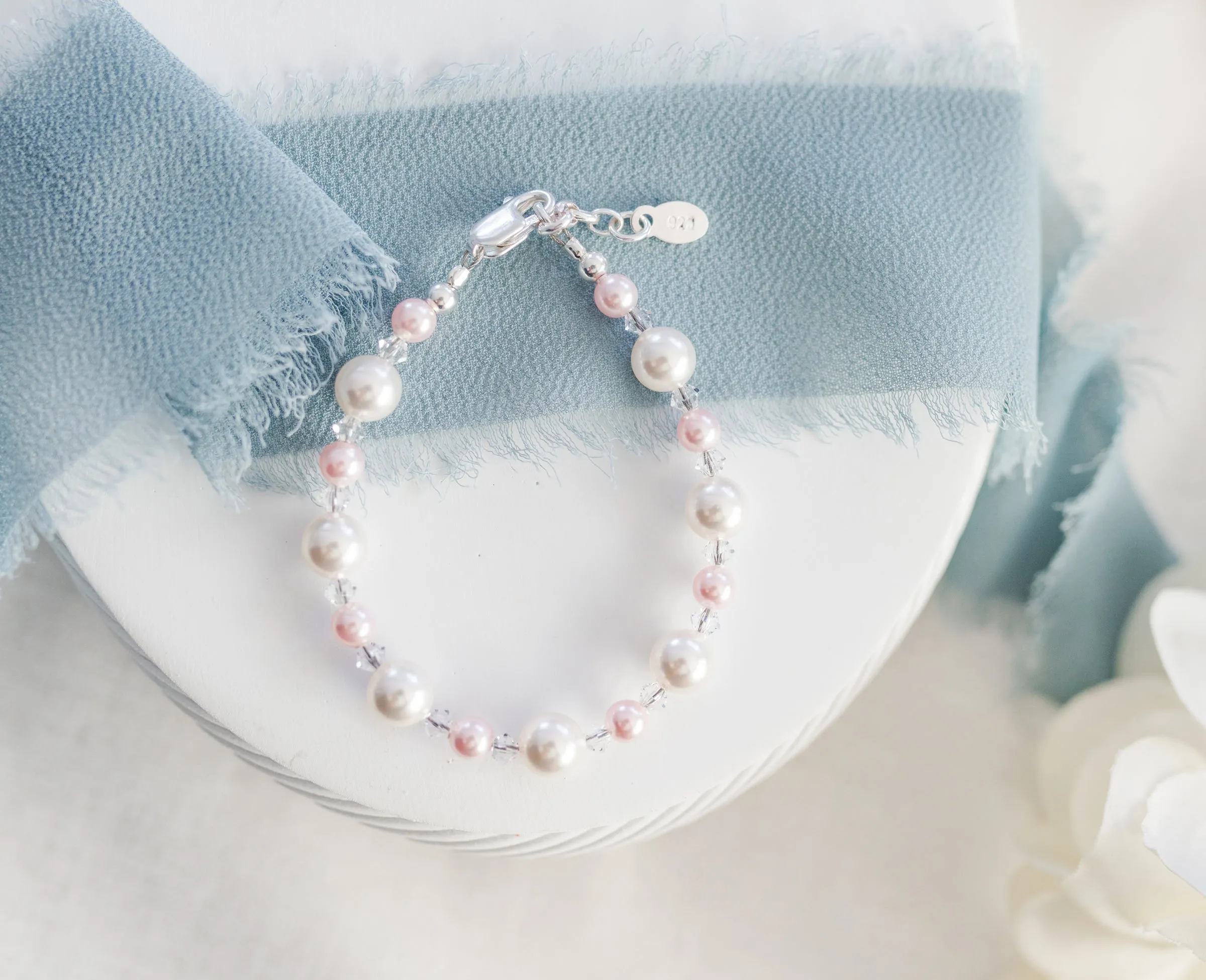 Sterling Silver Pink and White Pearl Baby Bracelet for Little Girls and Kids