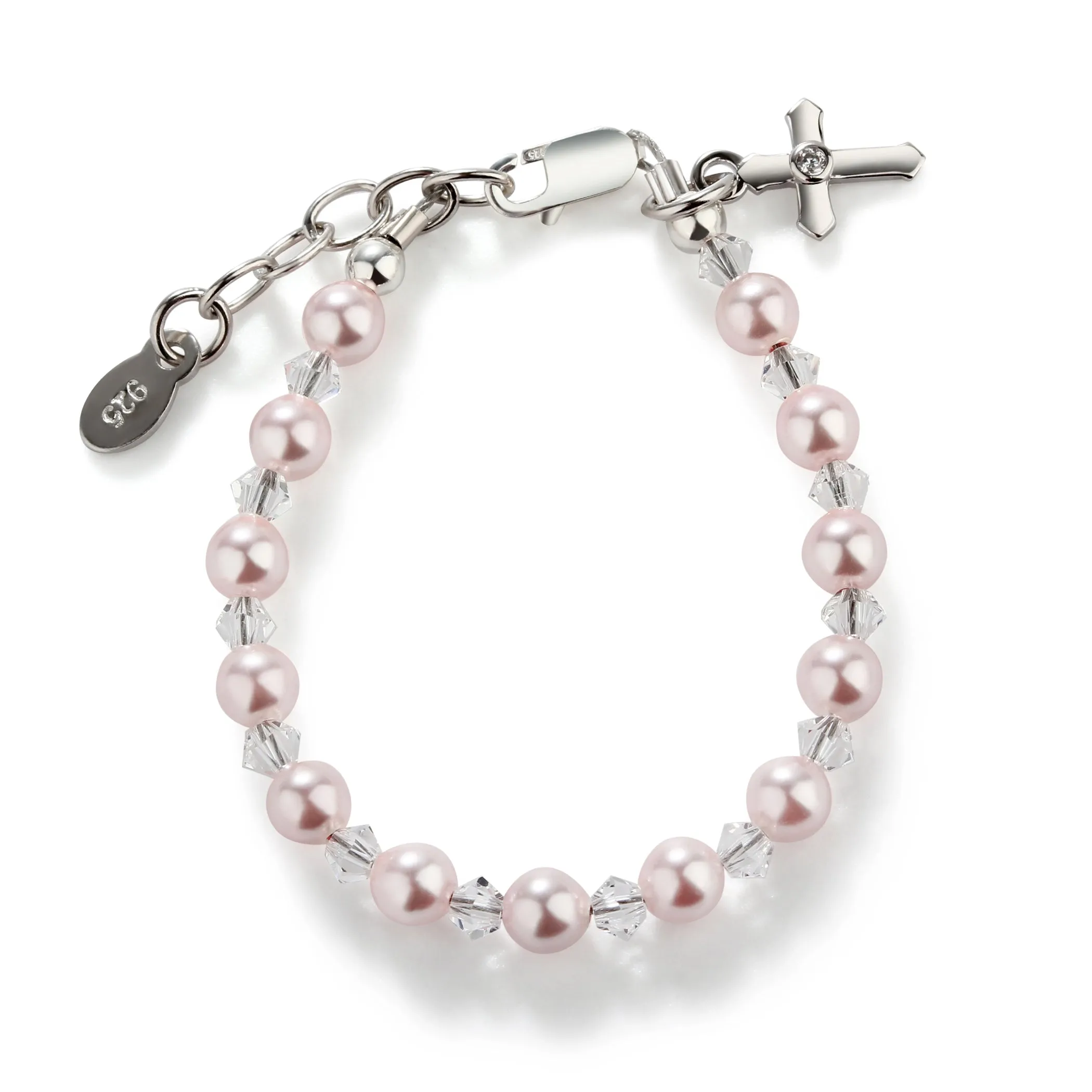 Sterling Silver Pink Simulated Pearl Cross Bracelet for Baptism and Communion Gifts