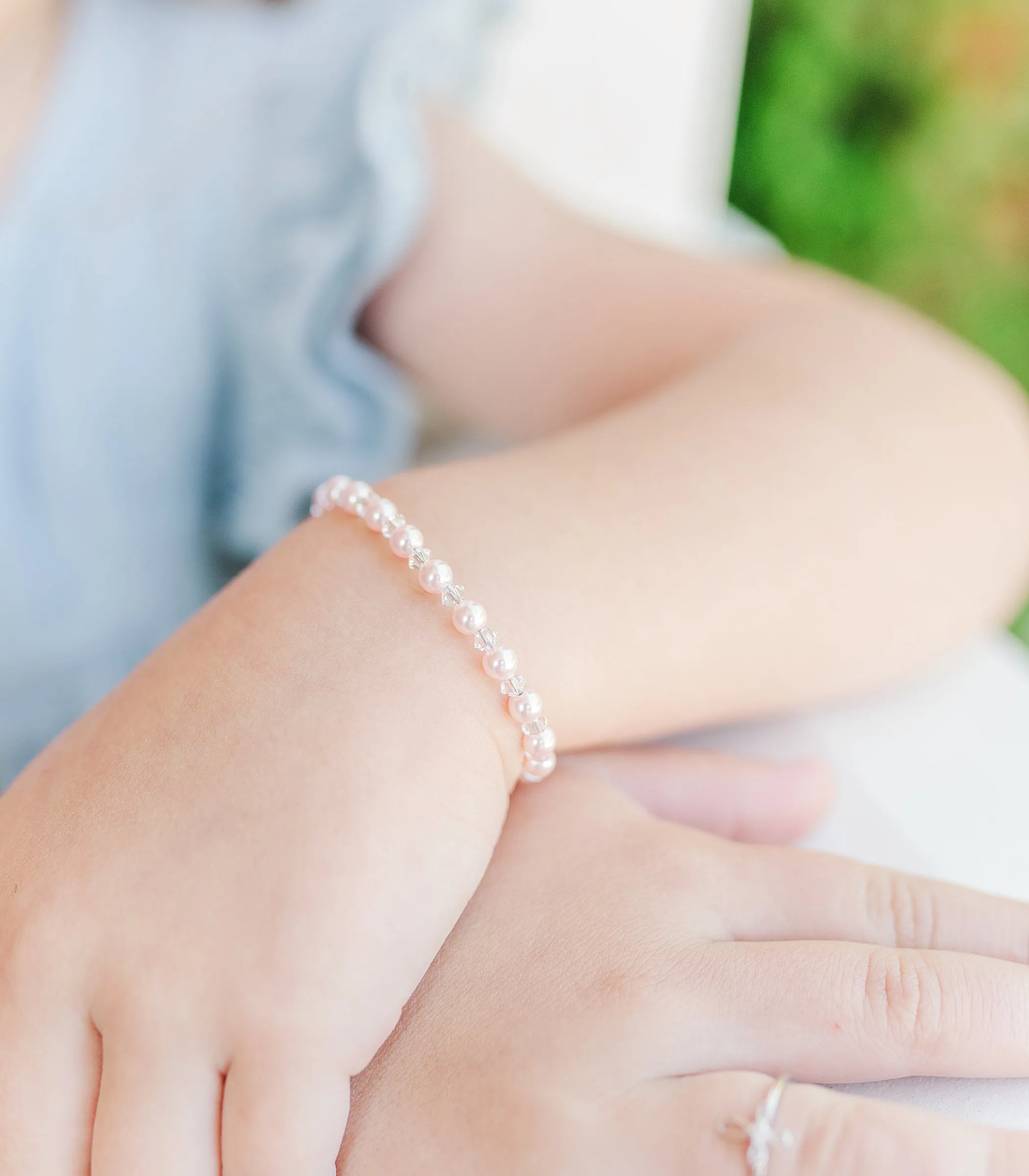 Sterling Silver Pink Simulated Pearl Cross Bracelet for Baptism and Communion Gifts