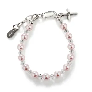 Sterling Silver Pink Simulated Pearl Cross Bracelet for Baptism and Communion Gifts