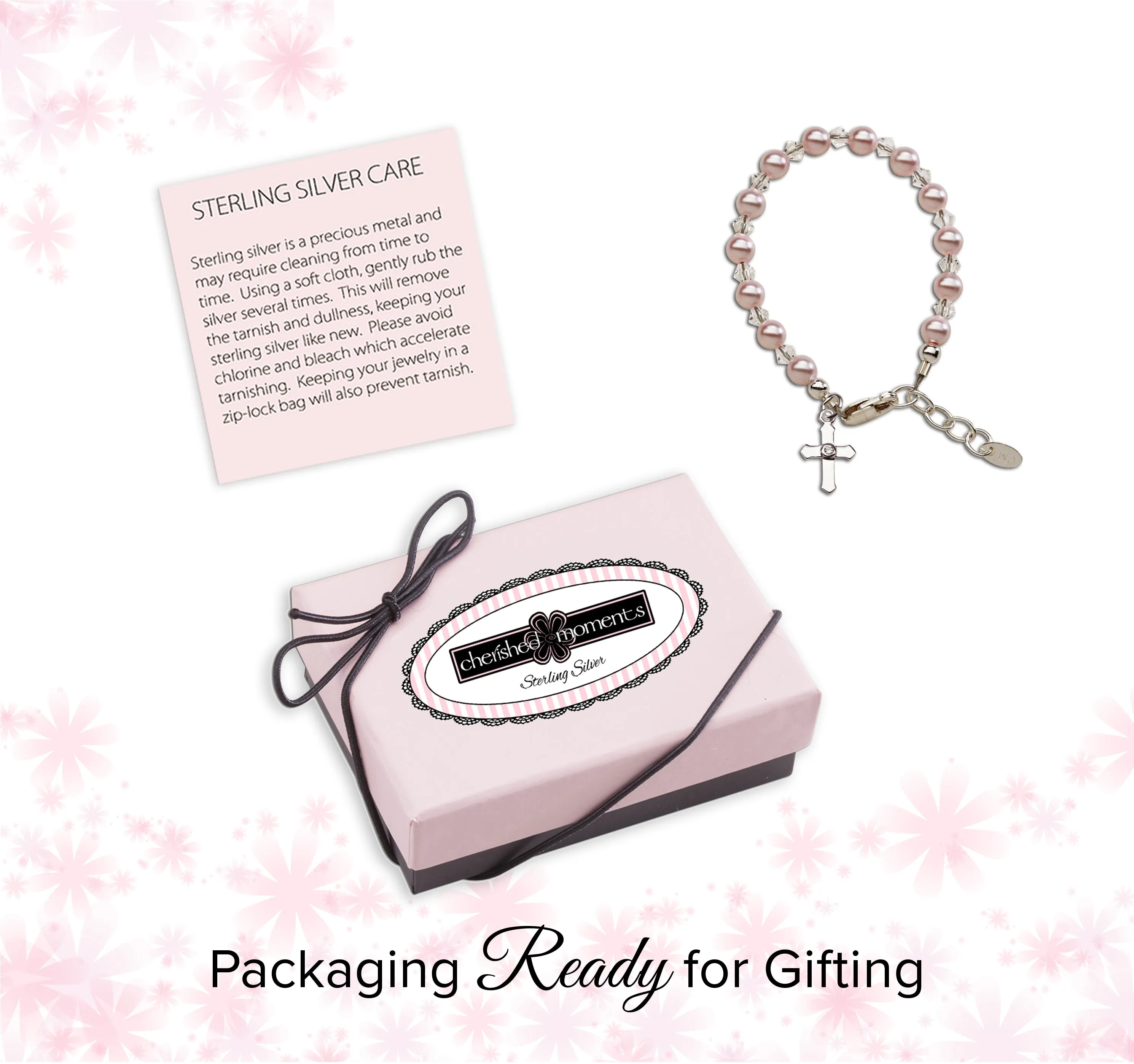 Sterling Silver Pink Simulated Pearl Cross Bracelet for Baptism and Communion Gifts