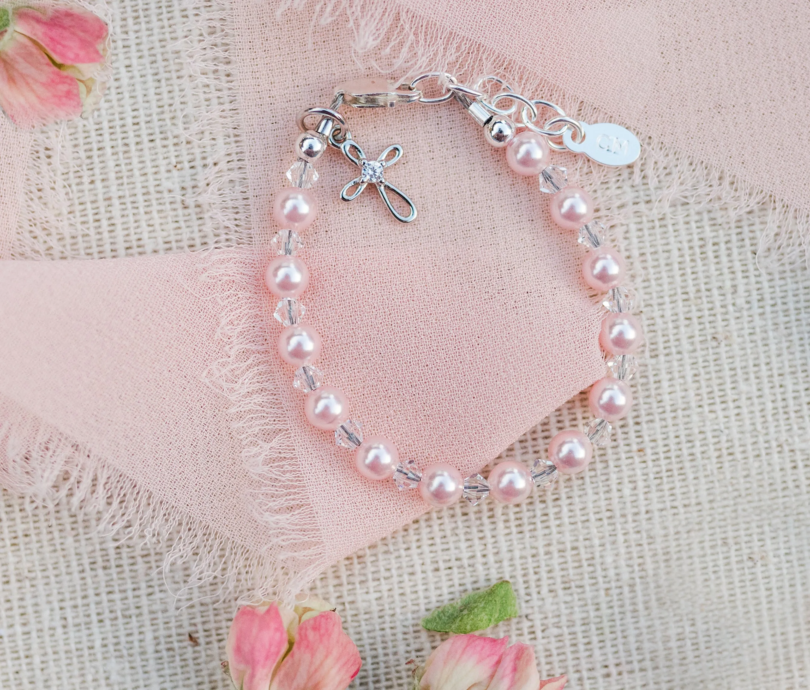 Sterling Silver Pink Simulated Pearl Cross Bracelet for Baptism and Communion Gifts