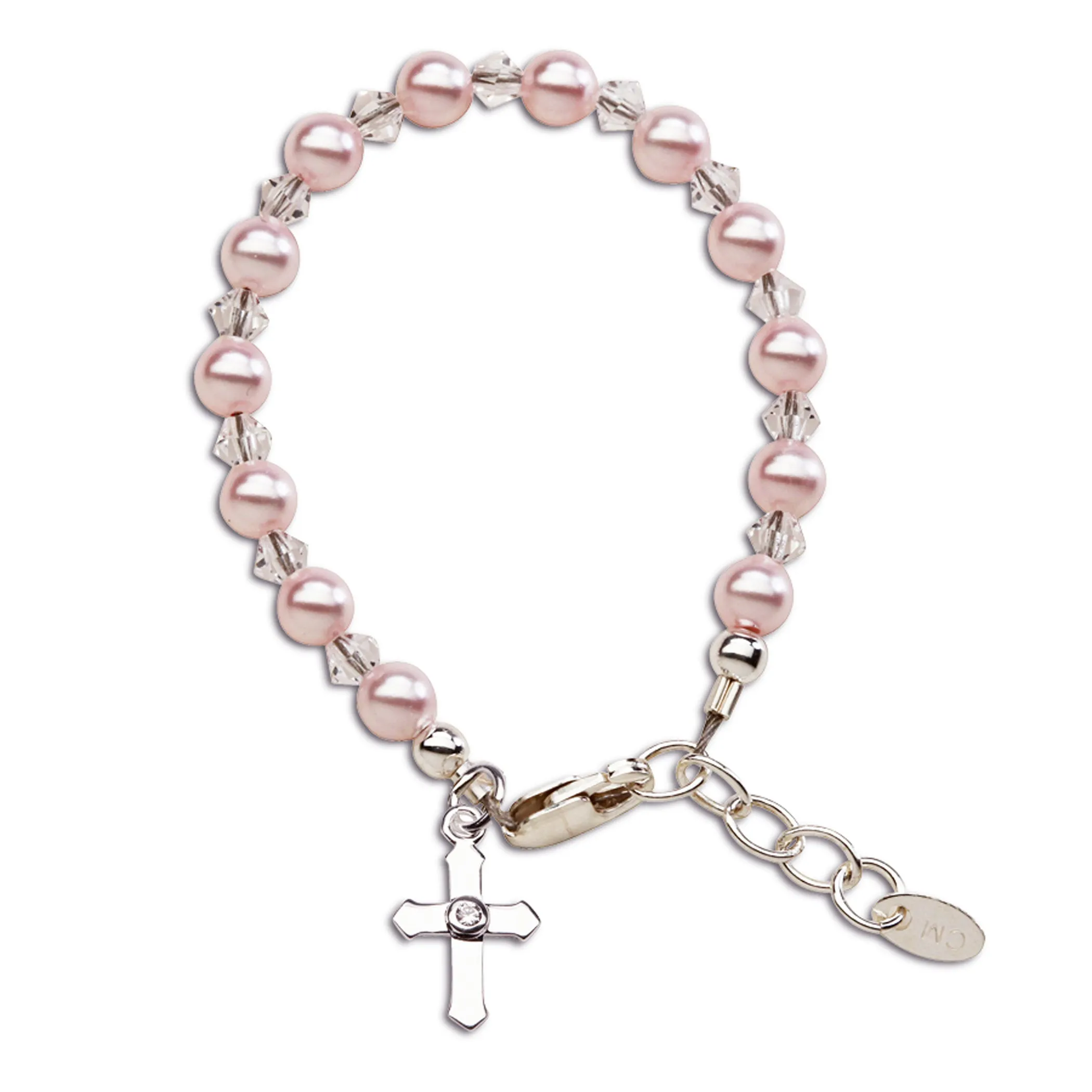 Sterling Silver Pink Simulated Pearl Cross Bracelet for Baptism and Communion Gifts