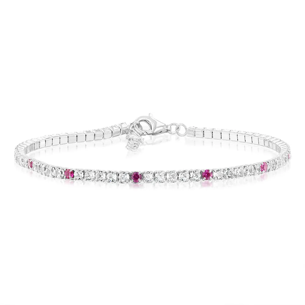 Sterling Silver Rhodium Plated Round White Zirconia And Created Ruby 16.5 3cm Tennis Bracelet