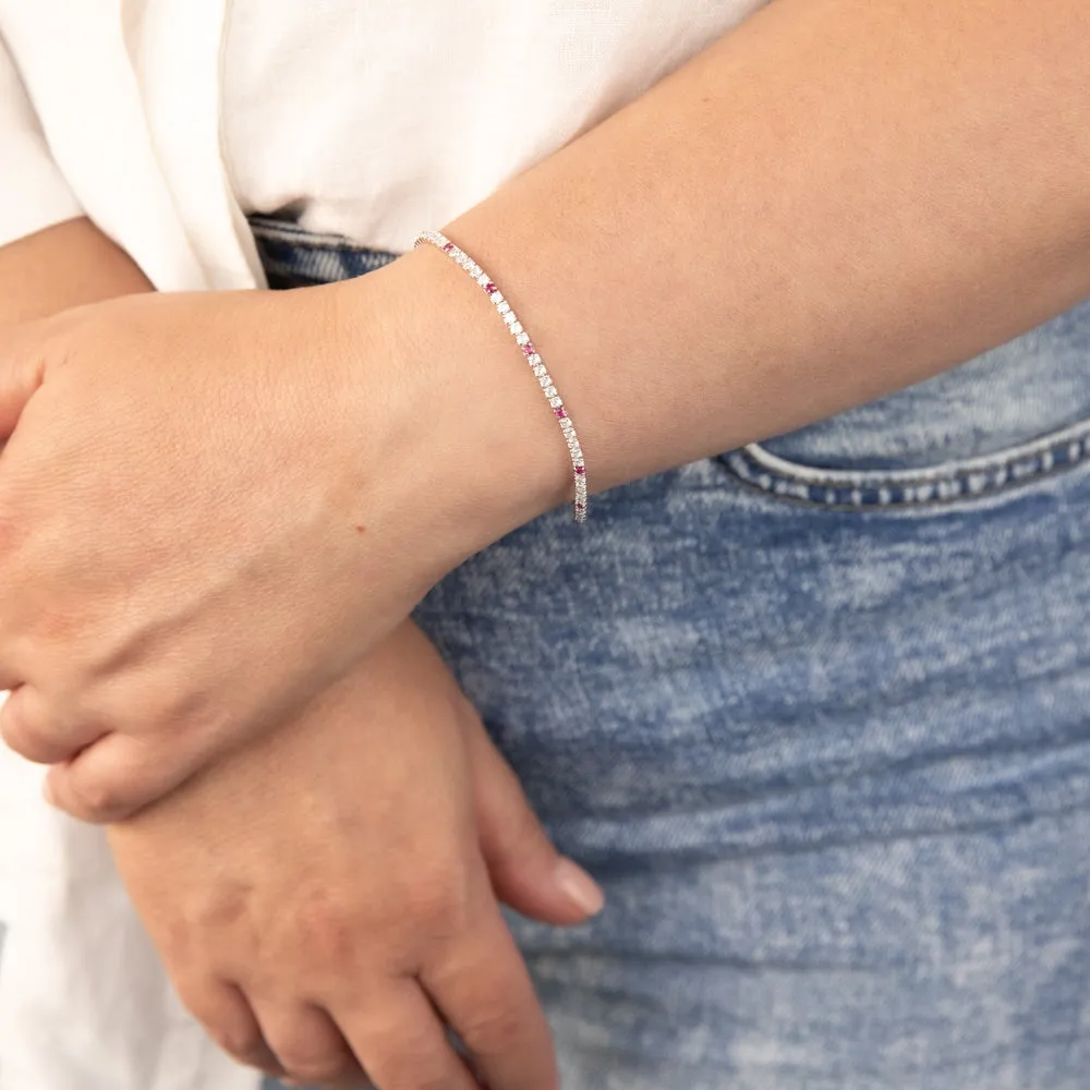 Sterling Silver Rhodium Plated Round White Zirconia And Created Ruby 16.5 3cm Tennis Bracelet