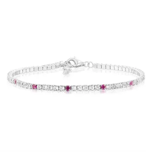 Sterling Silver Rhodium Plated Round White Zirconia And Created Ruby 16.5 3cm Tennis Bracelet