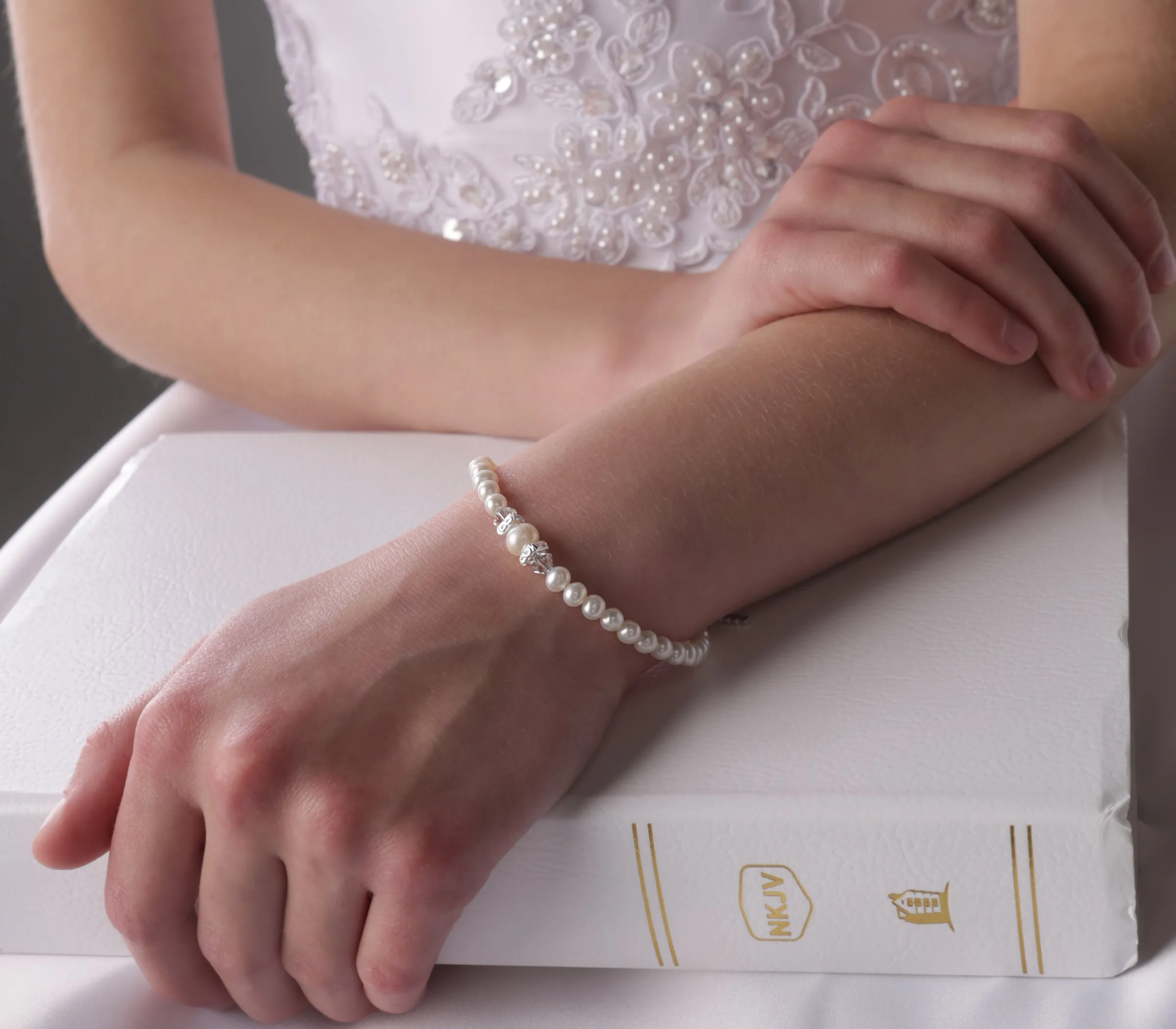 Sterling Silver Simulated Pearl Cross Bracelet for Baby Baptism or Communion