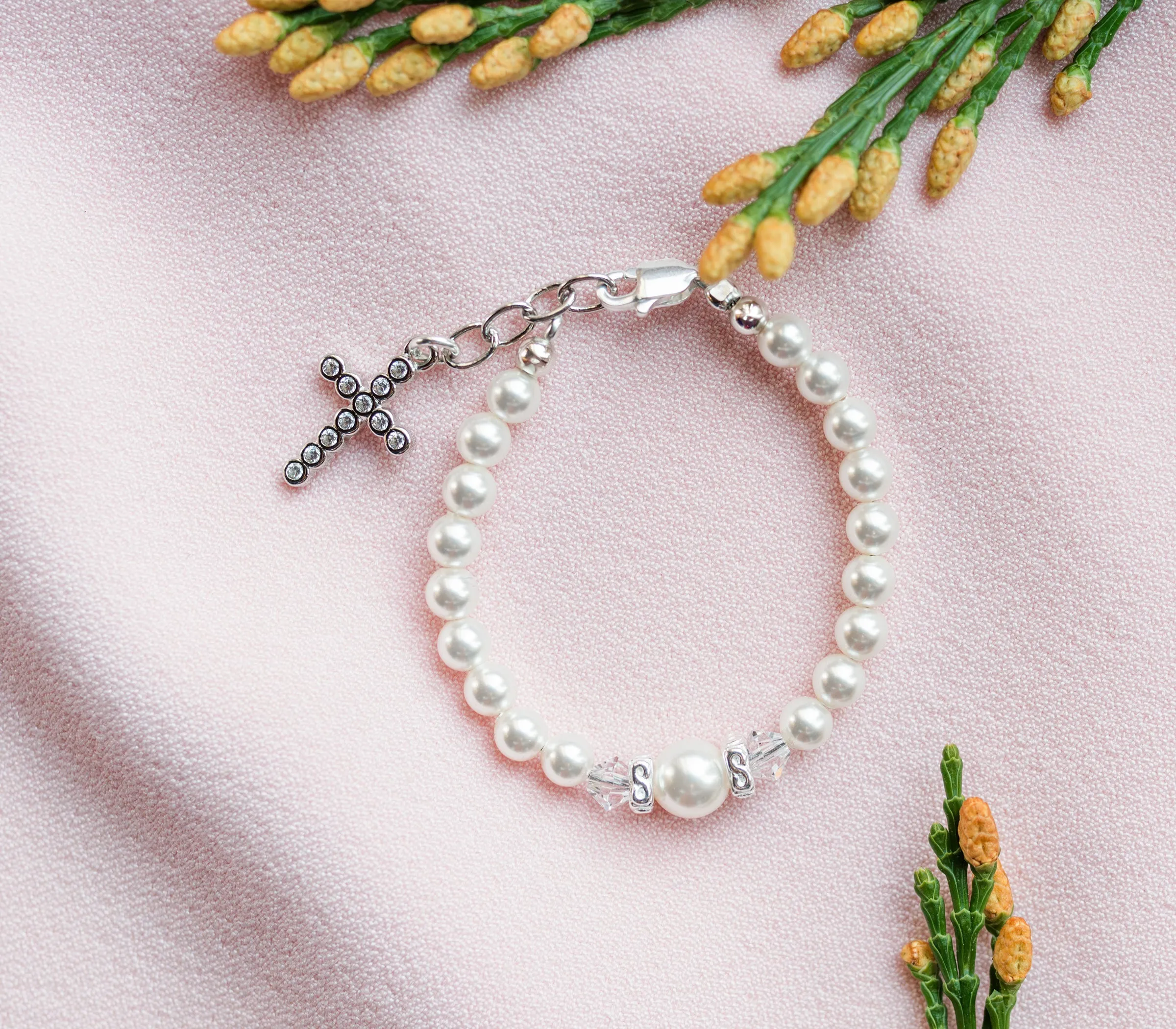 Sterling Silver Simulated Pearl Cross Bracelet for Baby Baptism or Communion