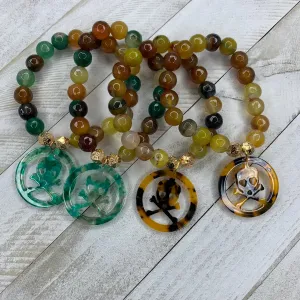 Stretchy 8mm Multicolor Agates Bracelet with Acetate Skull Medallion 410-24 | Erika Williner Designs