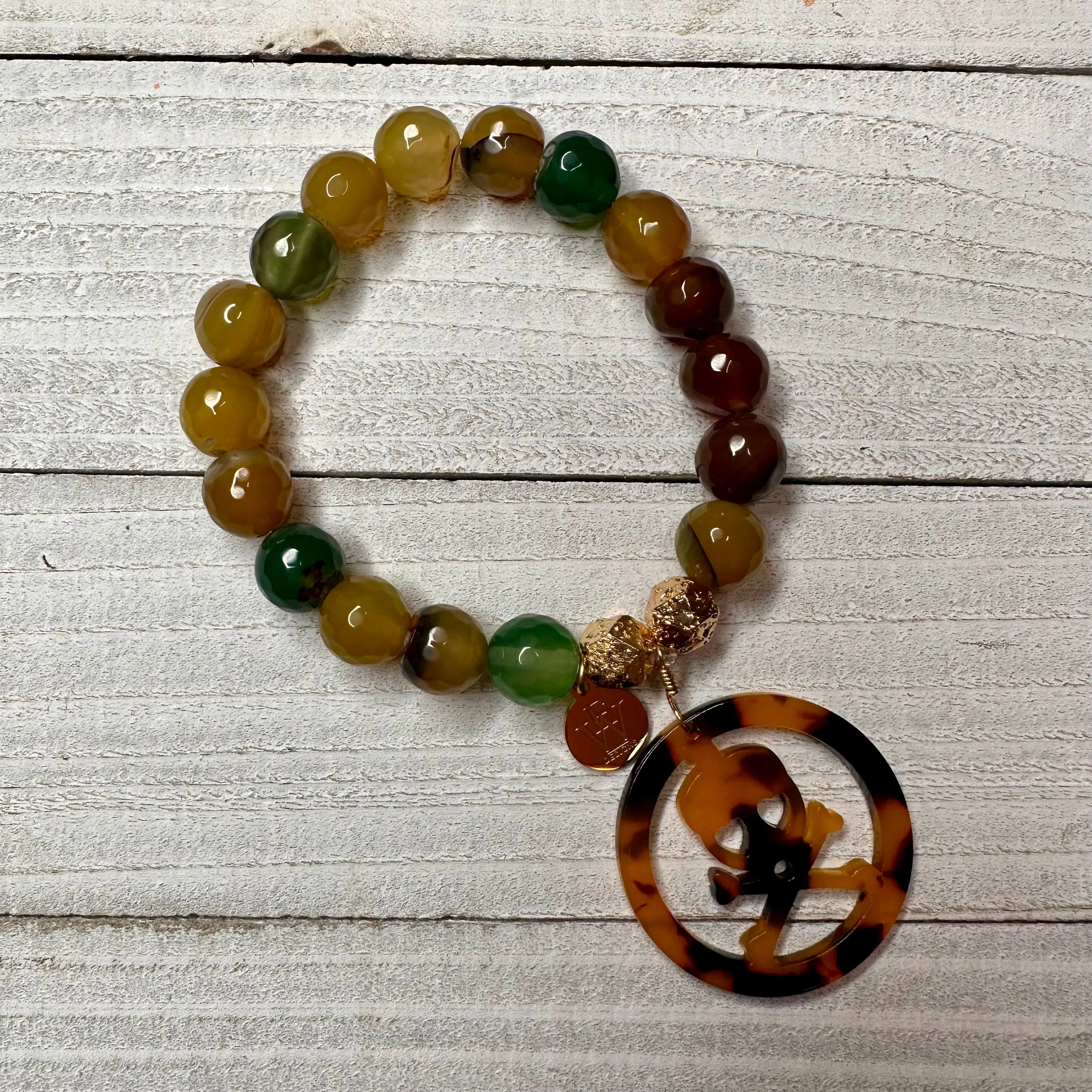 Stretchy 8mm Multicolor Agates Bracelet with Acetate Skull Medallion 410-24 | Erika Williner Designs