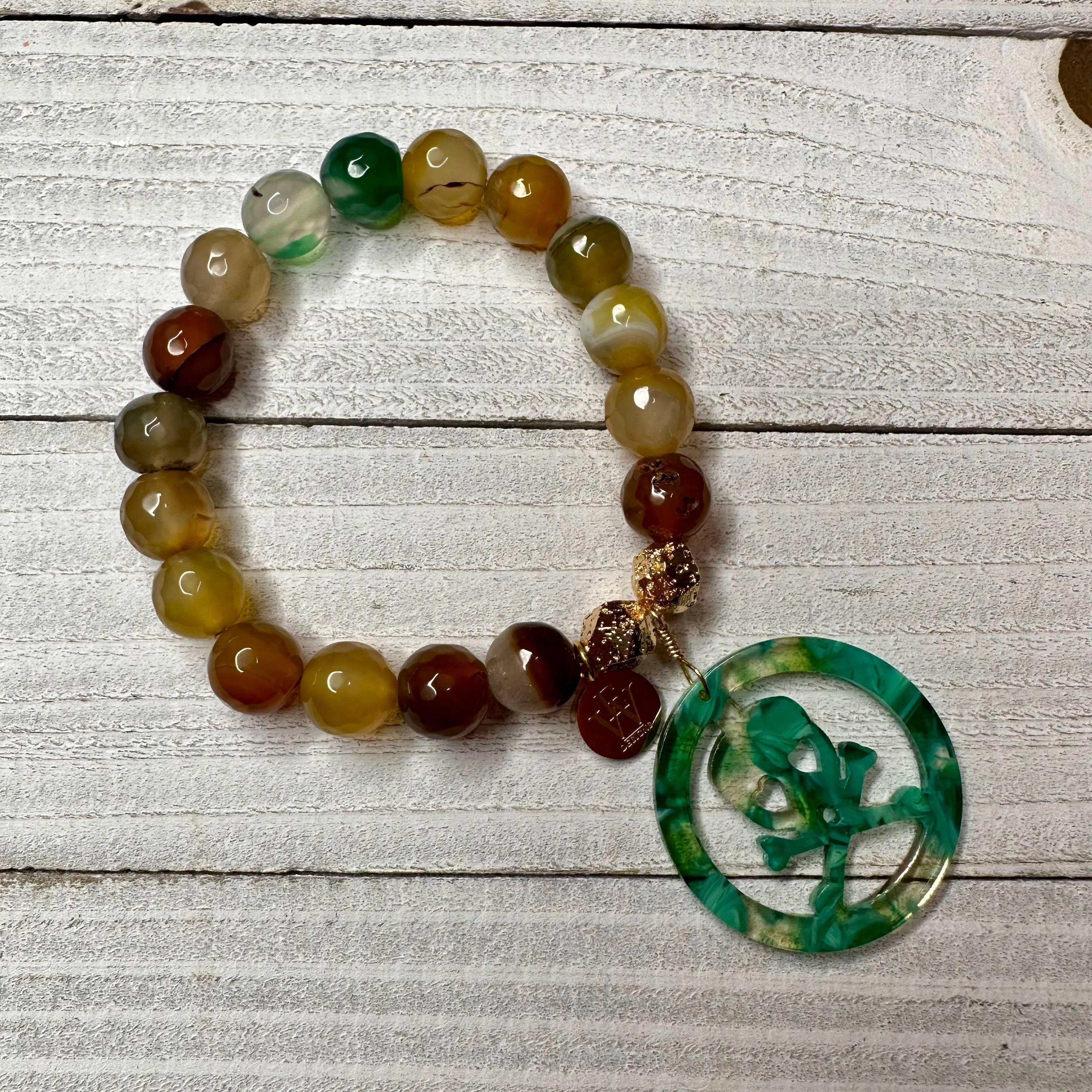 Stretchy 8mm Multicolor Agates Bracelet with Acetate Skull Medallion 410-24 | Erika Williner Designs