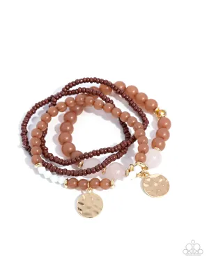 Superior Stack - Brown - Seed Bead, Pink Stone Bead Gold Hammered Disc Paparazzi Stretchy Bracelet
