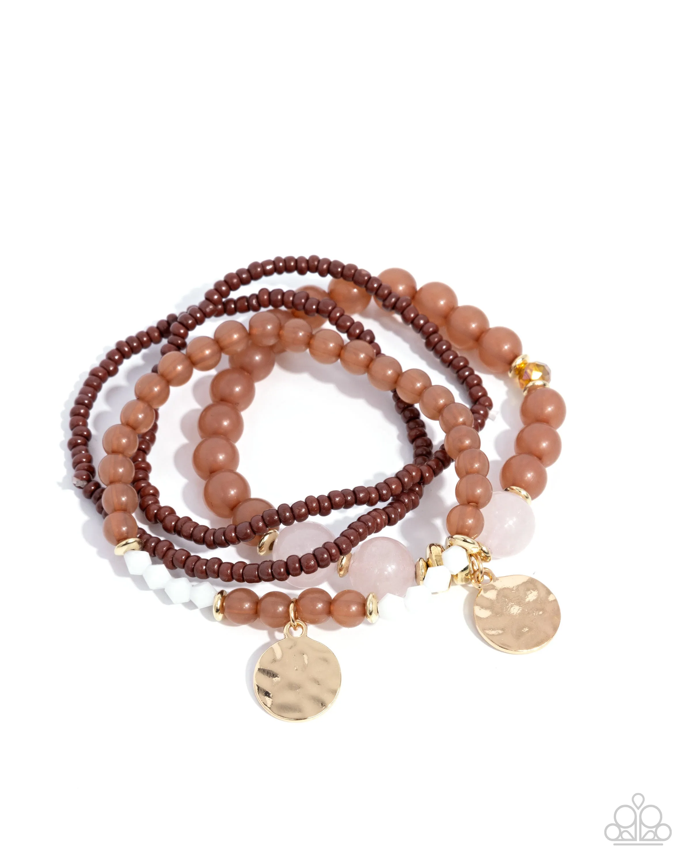 Superior Stack - Brown - Seed Bead, Pink Stone Bead Gold Hammered Disc Paparazzi Stretchy Bracelet