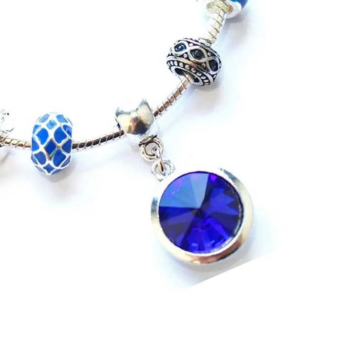 Teenager's 'September Birthstone' Sapphire Colored Crystal Silver Plated Charm Bead Bracelet
