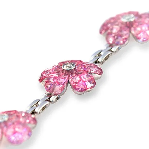 Three Flowers with Pink Sapphire And Diamond , 18k White Gold