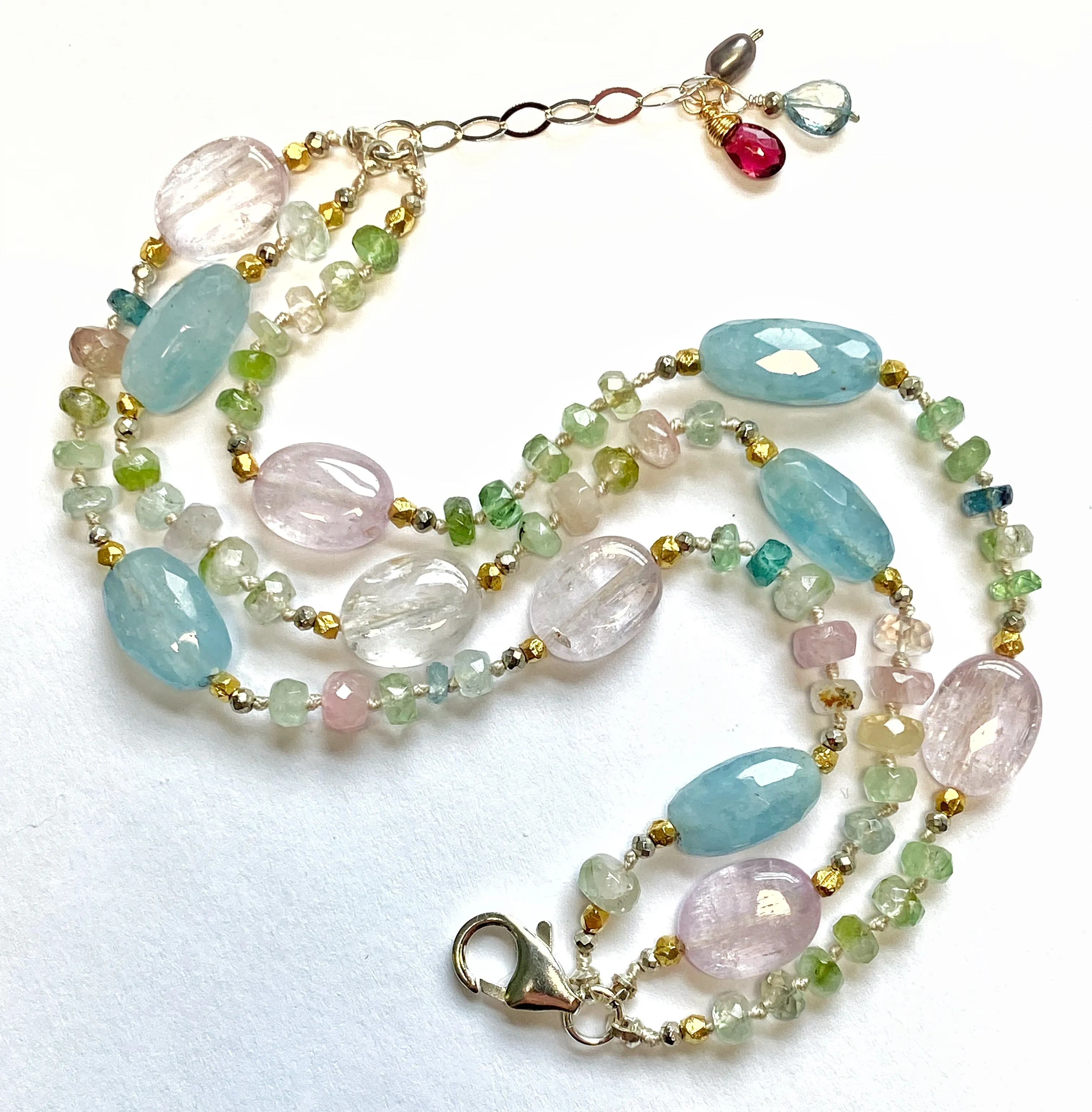 Tourmaline Kunzite Aquamarine Multi-strand Silk Knot Bracelet