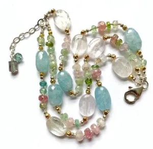 Tourmaline Kunzite Aquamarine Multi-strand Silk Knot Bracelet