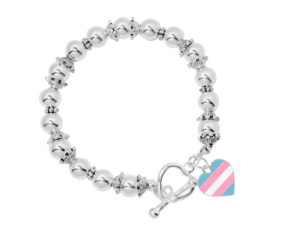 Transgender Heart-Shaped Flag Silver Beaded Charm Bracelets