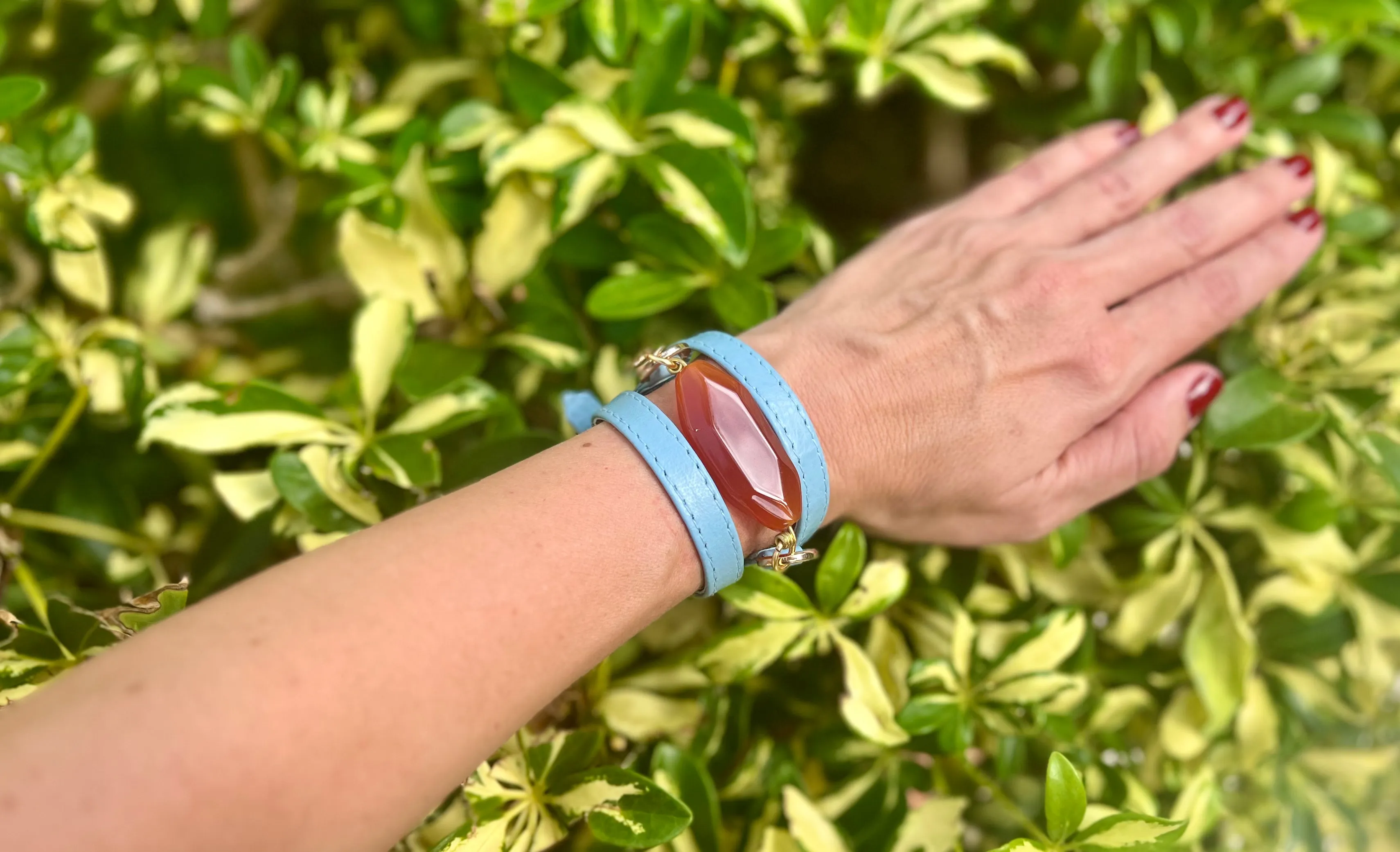 Triple Wrap Blue Leather Bracelet with Carnelian  Stone