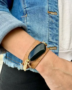 Triple Wrap Camel Leather Bracelet with Onyx Stone
