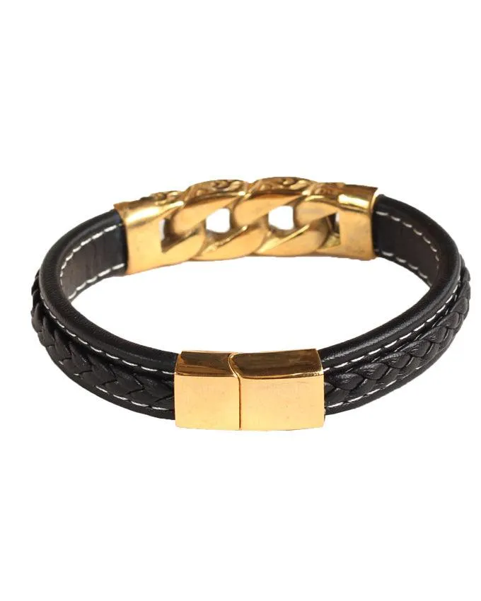 TrustyLan Brand Stainless Black Gold Color Leather Bracelets