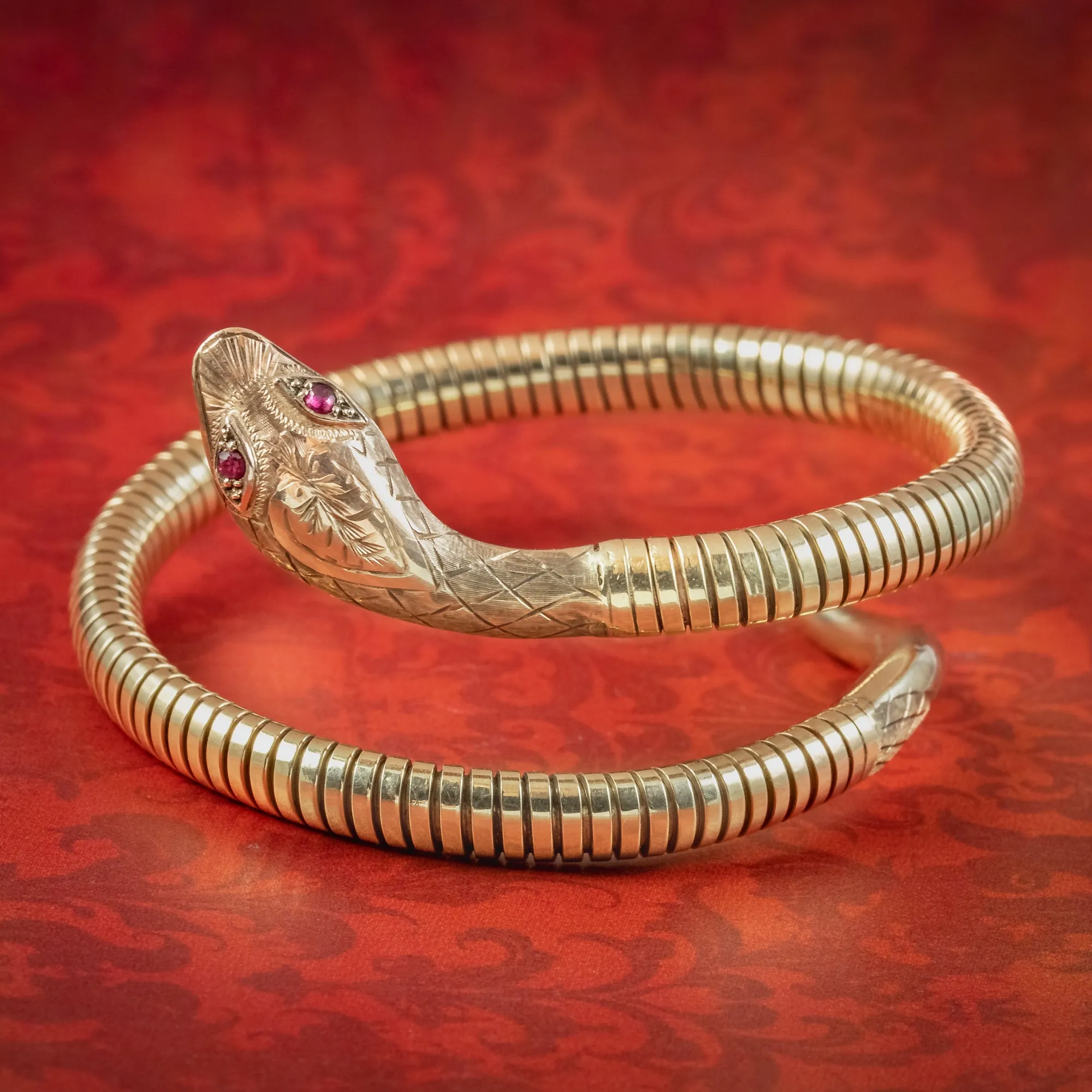 Vintage 9ct Gold Snake Bangle Ruby Eyes Smith And Pepper Dated 1971