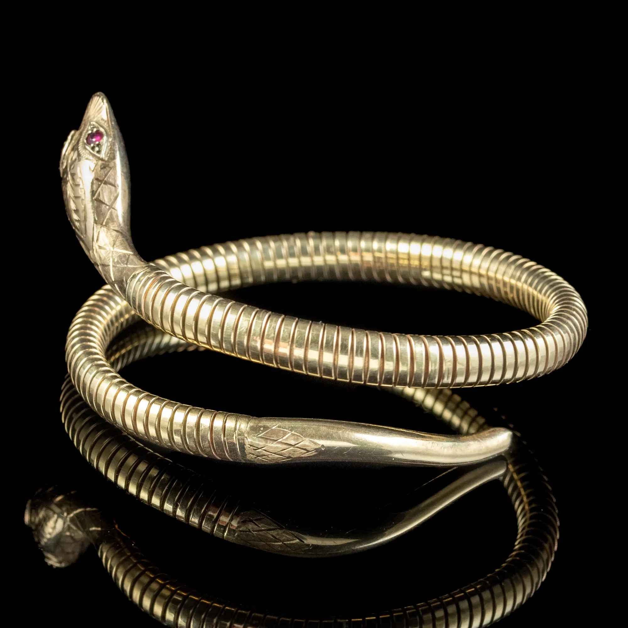 Vintage 9ct Gold Snake Bangle Ruby Eyes Smith And Pepper Dated 1971