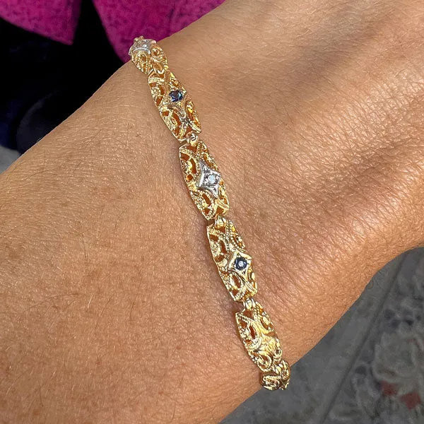 Vintage Diamond & Sapphire Filigree Link Bracelet
