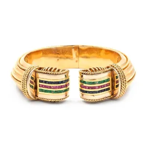 Vintage Emerald, Sapphire, & Ruby Cuff Bracelet By Letas