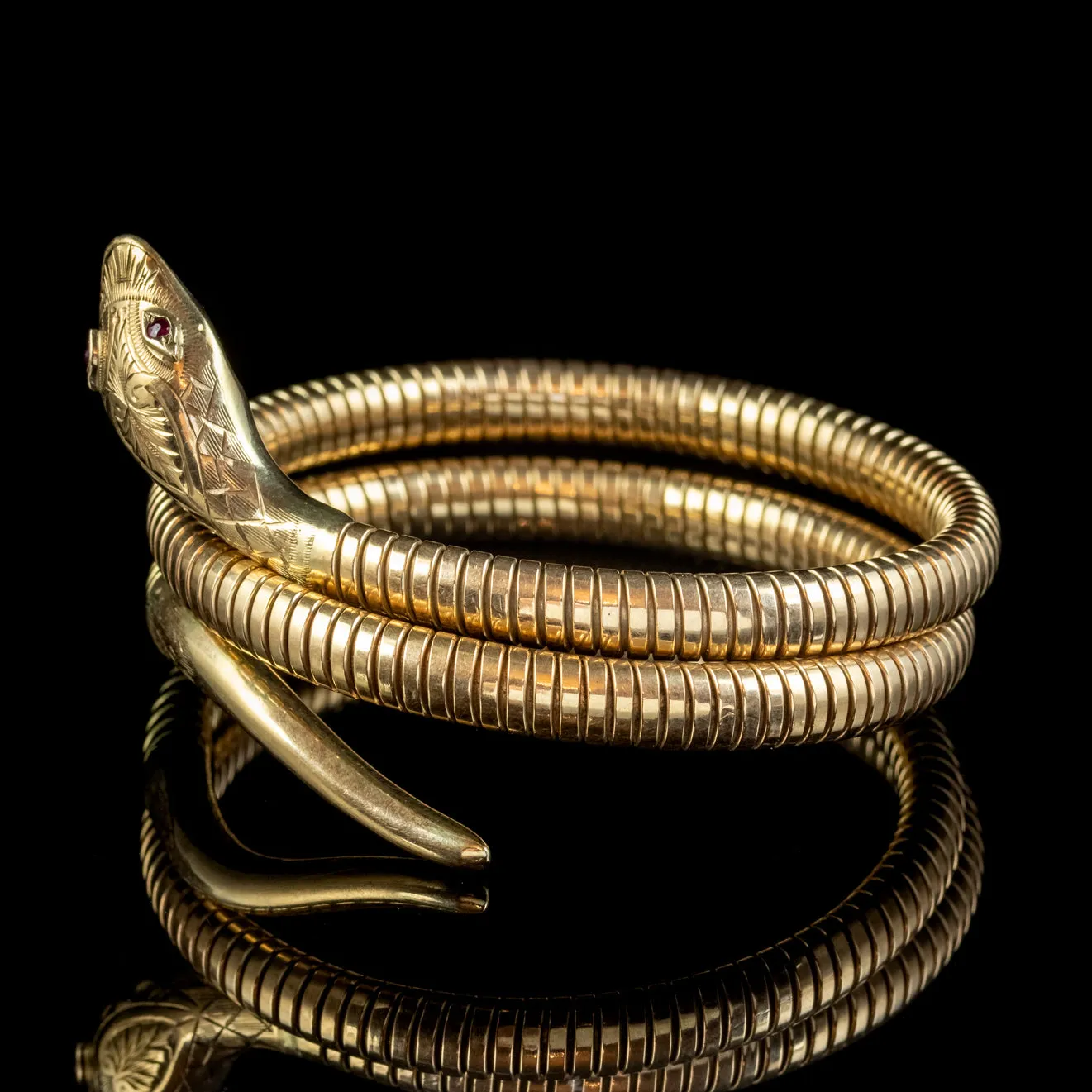 Vintage Snake Bangle 9ct Gold Ruby Eyes Dated 1955