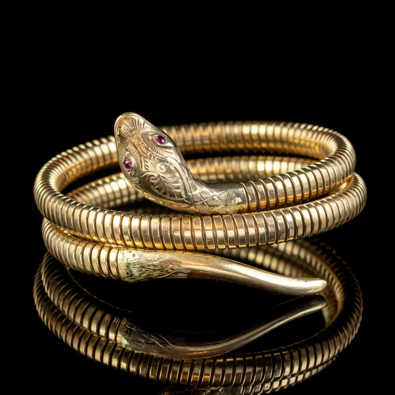 Vintage Snake Bangle 9ct Gold Ruby Eyes Dated 1955
