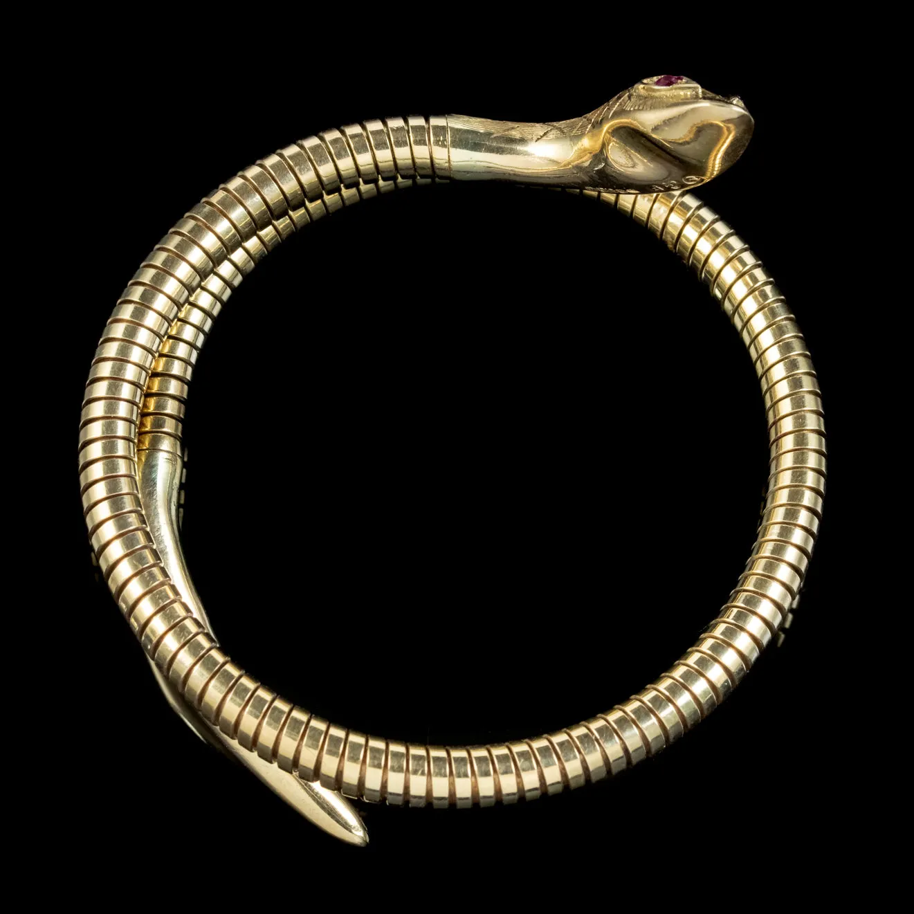Vintage Snake Bangle Ruby Eyes 9ct Rolled Gold Smith And Pepper Dated 1962