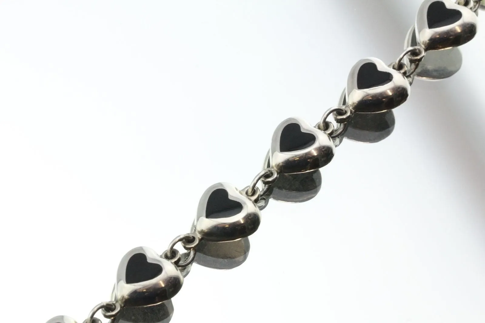 Vintage Taxco Mexico Sterling Silver Onyx Heart Bracelet Signed