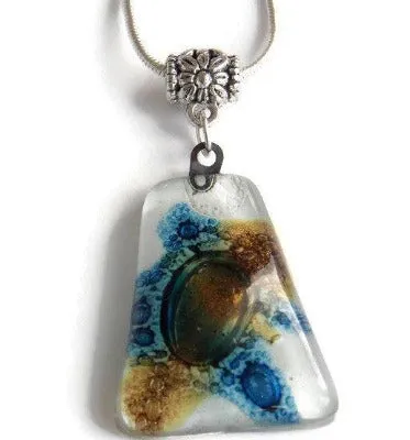 White brown and blue Pendant. Recycled GLass necklace.