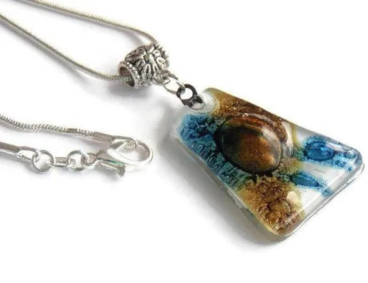 White brown and blue Pendant. Recycled GLass necklace.