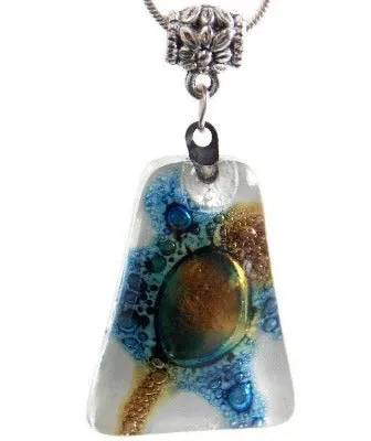 White brown and blue Pendant. Recycled GLass necklace.