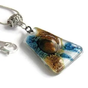 White brown and blue Pendant. Recycled GLass necklace.