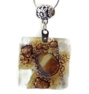 White, Brown and Purply Fused Glass pendant with lots of Bubble! Perfect Necklace, Easy to Match!