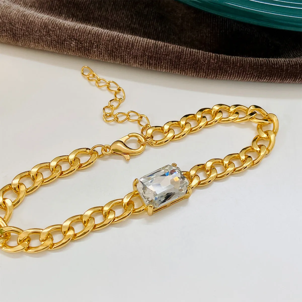 White Crystal & 18K Gold-Plated Curb Chain Bracelet