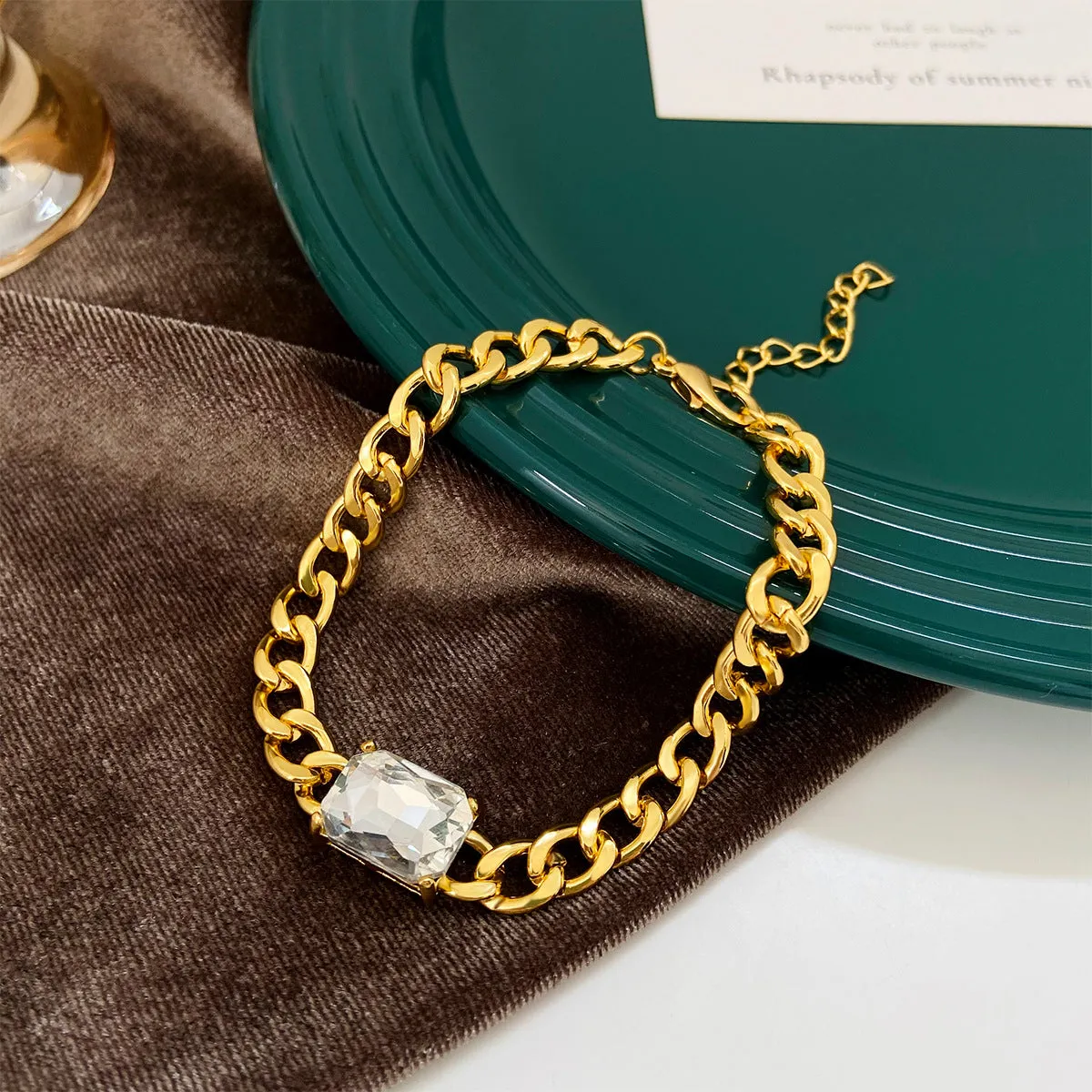 White Crystal & 18K Gold-Plated Curb Chain Bracelet