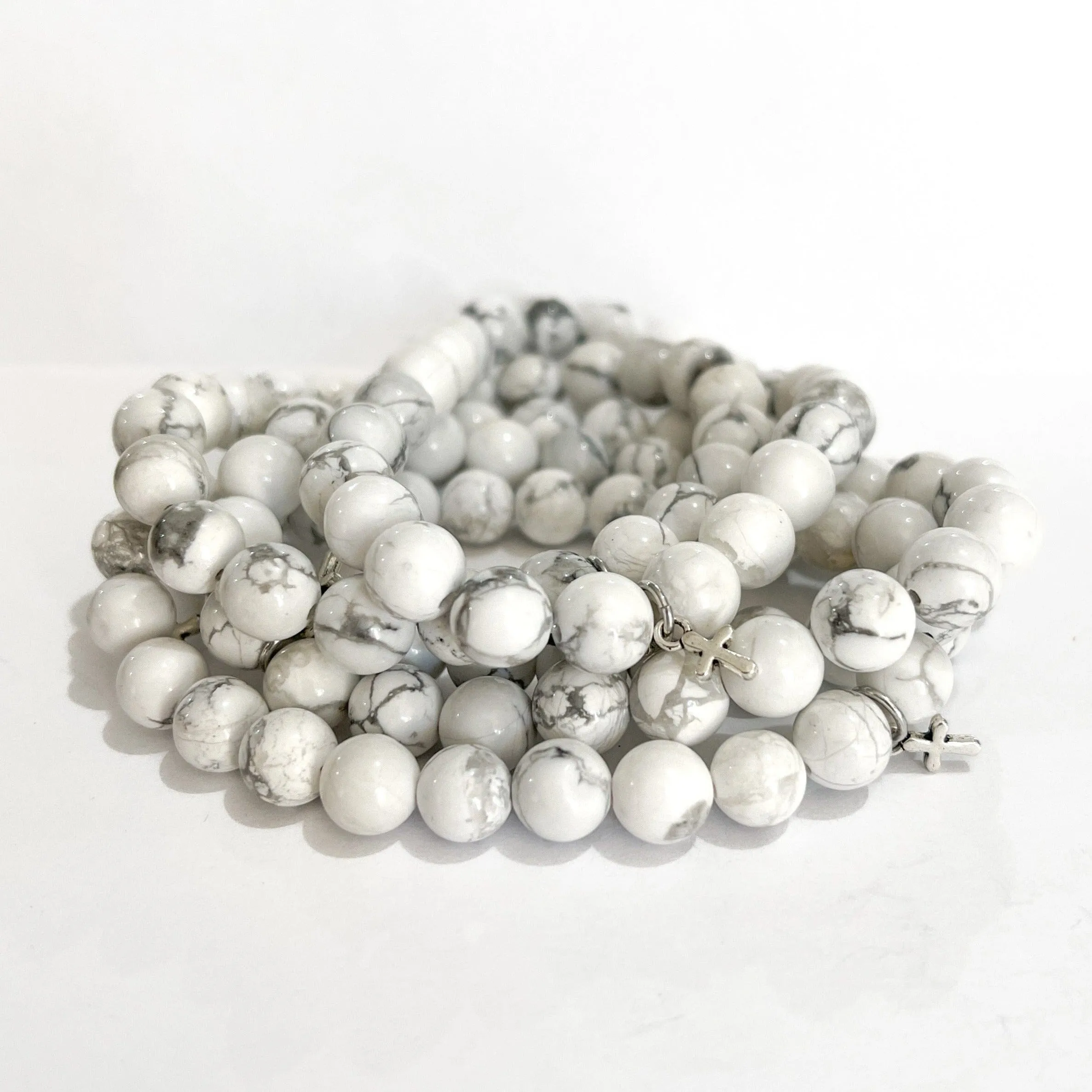 White Howlite Bead Bracelet | Tiny Cross Charm | 8mm | Gemstone | Womens