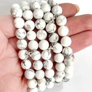 White Howlite Bead Bracelet | Tiny Cross Charm | 8mm | Gemstone | Womens
