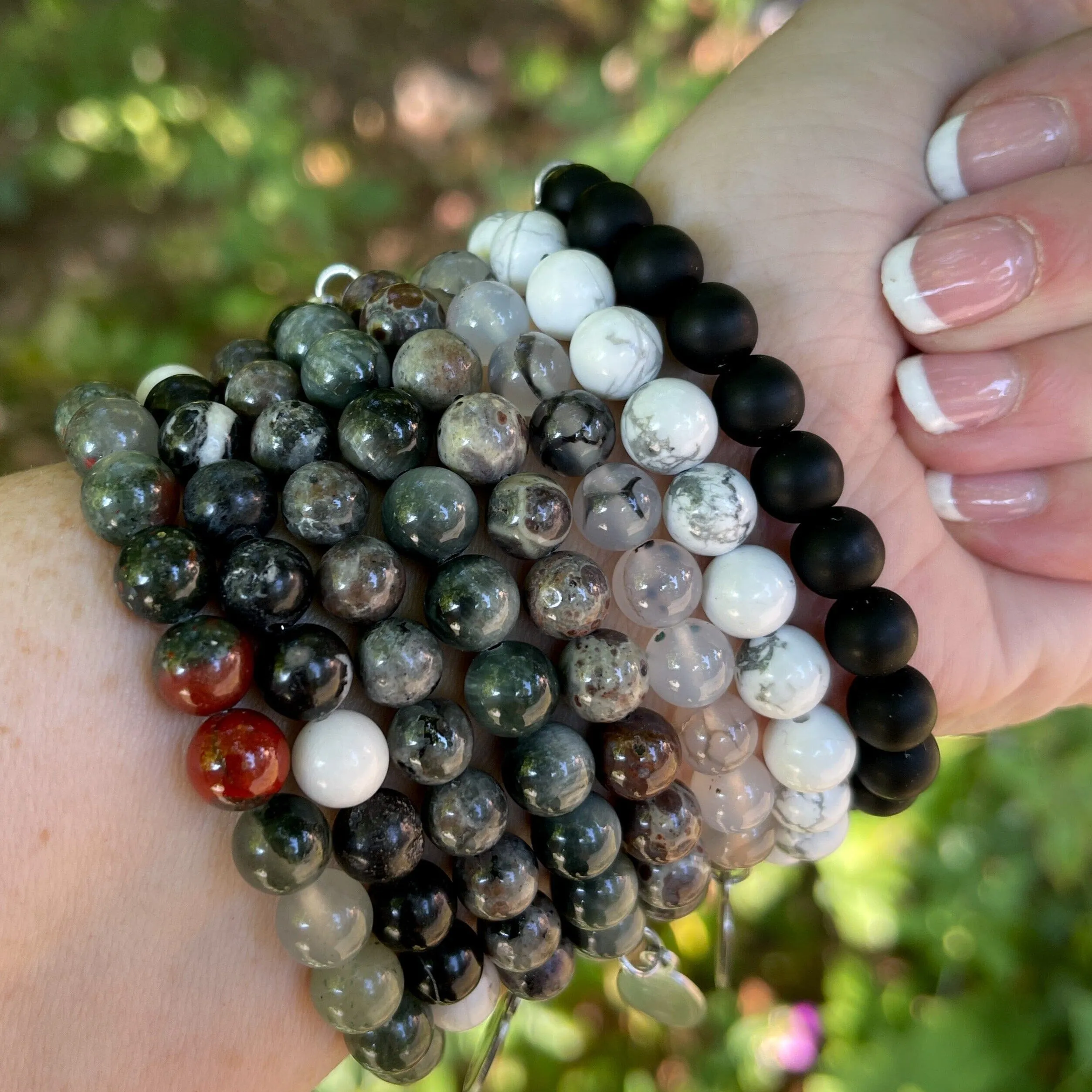 White Howlite Bead Bracelet | Tiny Cross Charm | 8mm | Gemstone | Womens
